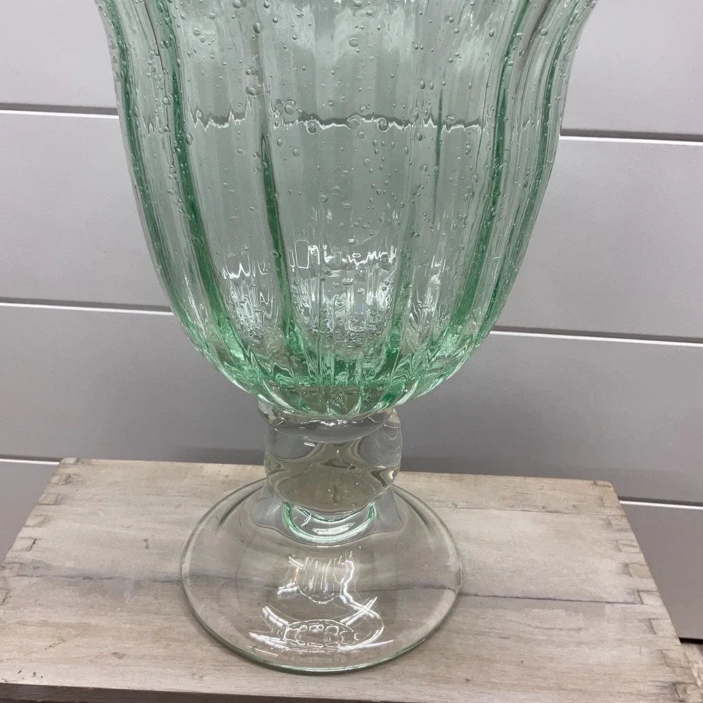 Green Seeded Glass Optic Ribbed Footed Hurricane Vase 11.5 Inch Centerpiece